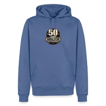50 Jahre – Originalzustand Gebrauchsspuren - Männer Premium Bio Hoodie - Taubenblau - Vorne - Nico (187cm)