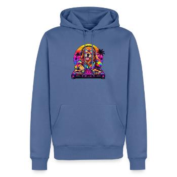Neon-DJ-Hund in Sunset Palms - Männer Premium Bio Hoodie - Taubenblau - Vorne - Nico (187cm)