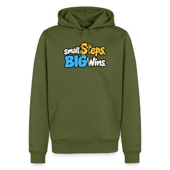 Small Steps Big Wins – Positives Motivationsdesign - Männer Premium Bio Hoodie - Khaki - Vorne - Nico (187cm)