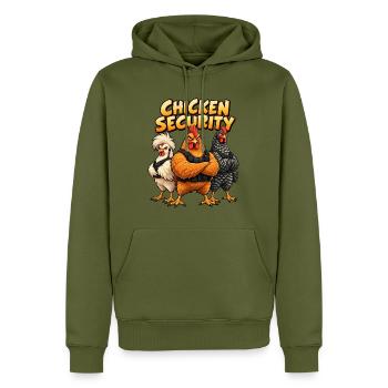 Hühner Security Team im Comicstil - Männer Premium Bio Hoodie - Khaki - Vorne - Nico (187cm)