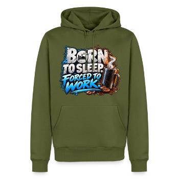 Born to Sleep Forced to Work – Coffee Humor - Männer Premium Bio Hoodie - Khaki - Vorne - Nico (187cm)