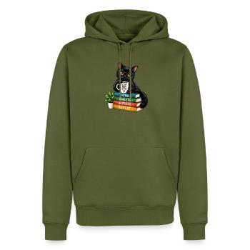 Nerdy Katze mit Kaffee und Büchern - Männer Premium Bio Hoodie - Khaki - Vorne - Nico (187cm)
