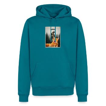 Rote Katze Selfie mit Waldmensch, Dino und UFO - Männer Premium Bio Hoodie - Petrol - Vorne