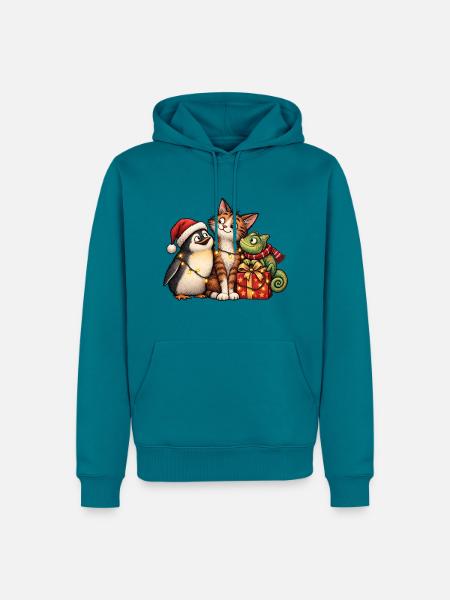 Weihnachts-Pinguin-Katze und Chamäleon-Freunde - Männer Premium Bio Hoodie - Petrol
