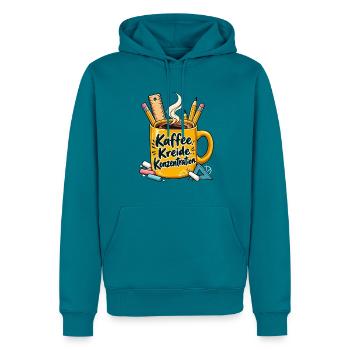 Lehrer Shirt mit Kaffeetasse und Spruch Kaffee  - Männer Premium Bio Hoodie - Petrol - Vorne