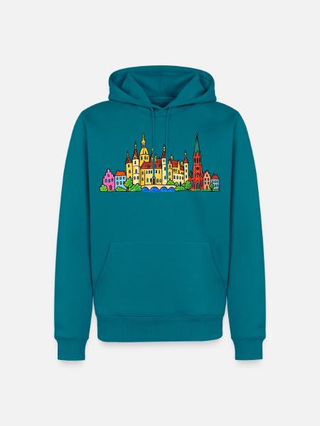 Schwerin Skyline im bunten Wachsmalstil - Männer Premium Bio Hoodie - Petrol