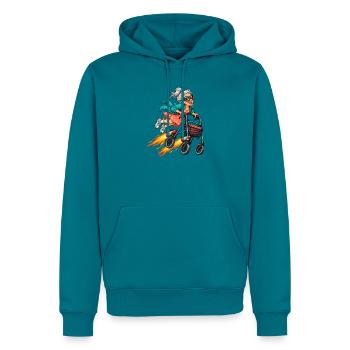Lustige Oma mit Raketenrollator und Fliegerbrille - Männer Premium Bio Hoodie - Petrol - Vorne