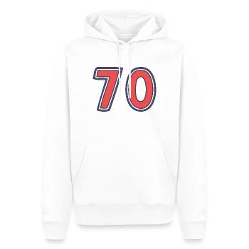 70. 70 ANS. 70e ANNIVERSAIRE. ANNIVERSAIRE 70 ANS. - Sweat à capuche Premium bio Homme - blanc - Devant - Nico (187cm)
