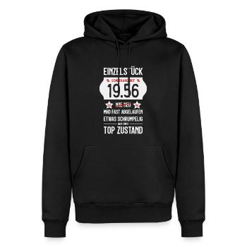 70. GEBURTSTAG 1956 EINZELSTÜCK PREISSCHILD - Männer Premium Bio Hoodie - Schwarz - Vorne - Nico (187cm)