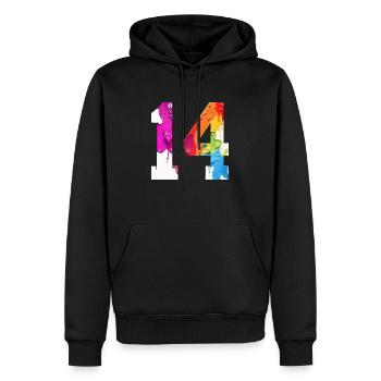 FARBIG NUMMER 14 BUNT 14. GEBURTSTAG - Männer Premium Bio Hoodie - Schwarz - Vorne - Nico (187cm)