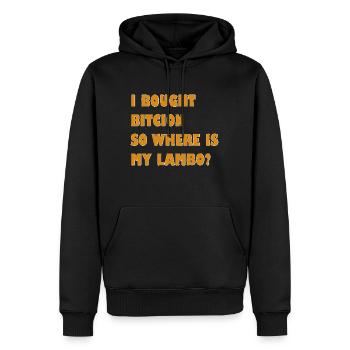 Krypto Meme: Wo ist mein Lambo? - Männer Premium Bio Hoodie - Schwarz - Vorne - Nico (187cm)