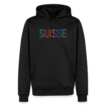 SUISSE. PAYS. GENEVE. HUMOUR. DRAPEAU. GENEVE - Sweat à capuche Premium bio Homme - noir - Devant - Nico (187cm)
