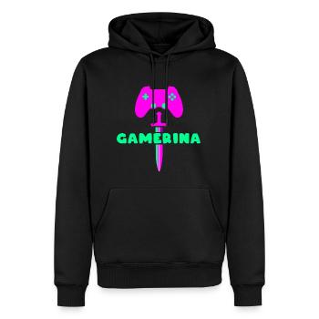 GAMERINA Neon Sword Logo - Männer Premium Bio Hoodie - Schwarz - Vorne - Nico (187cm)