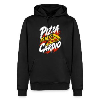 Pizza Is My Cardio – Pizzastück mit Sportspruch - Männer Premium Bio Hoodie - Schwarz - Vorne - Nico (187cm)