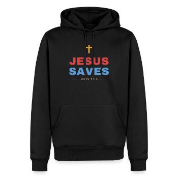 Jesus Saves – Acts 4:12 Christian - Männer Premium Bio Hoodie - Schwarz - Vorne - Nico (187cm)