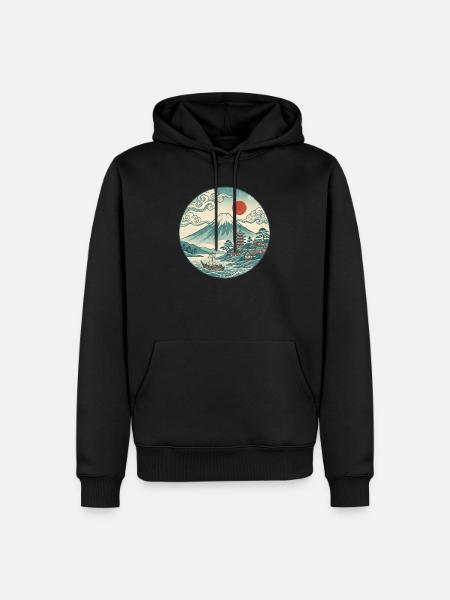 Fuji mit roter Sonne und Pagode - Männer Premium Bio Hoodie - Schwarz