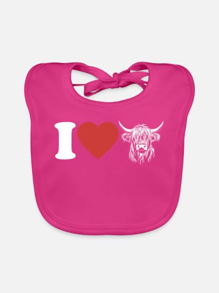 I Love Highland Cattle - Herz - Kuh - Rinderzucht - Baby Bio-Lätzchen - Fuchsia - Vorne