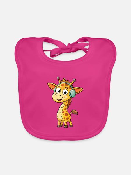 Giraffe Lustige Zeichentrickfigur Kopfhörer Musik - Baby Bio-Lätzchen - Fuchsia - Vorne