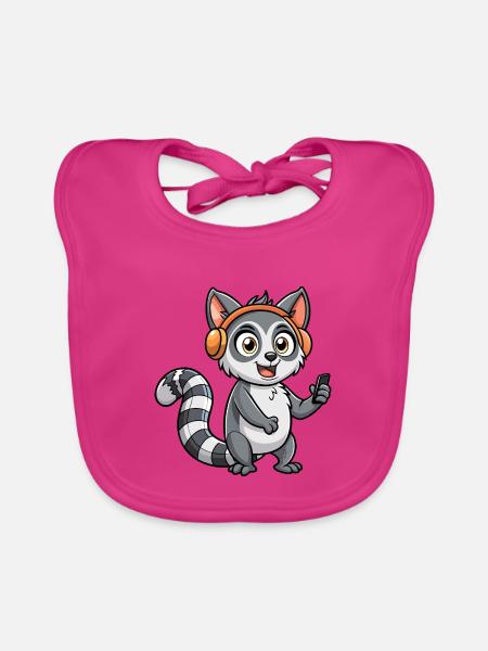 Lemur Lustige Zeichentrickfigur Kopfhörer Musik - Baby Bio-Lätzchen - Fuchsia - Vorne