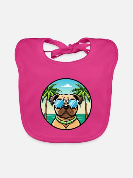 Mops Hund Rasse Cartoon Sonnenbrille Strand - Baby Bio-Lätzchen - Fuchsia - Vorne