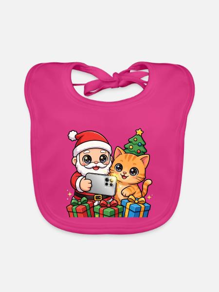 Weihnachts-Selfie: Weihnachtsmann und Katze - Baby Bio-Lätzchen - Fuchsia - Vorne