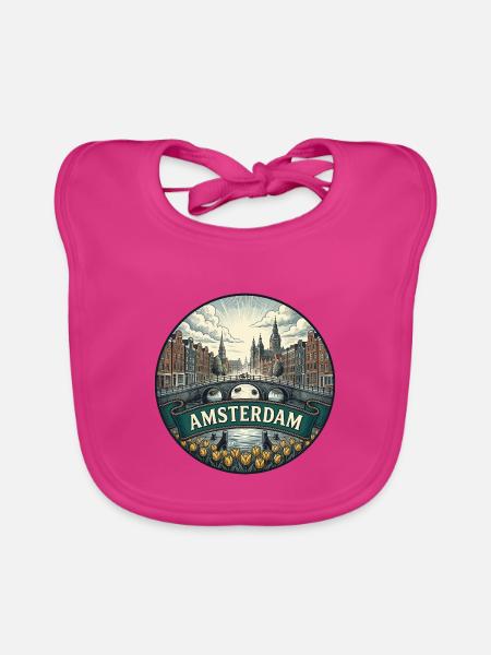 Amsterdam Travel Badge Canal Houses Retro-Geschenk - Baby Bio-Lätzchen - Fuchsia - Vorne