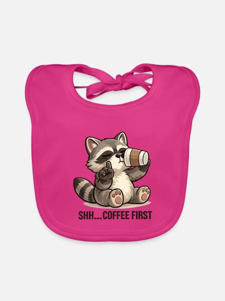 Waschbär mit Kaffee für Morgenmuffel - Baby Bio-Lätzchen - Fuchsia - Vorne