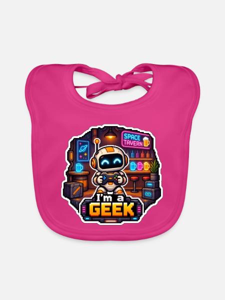 ICH BIN EIN NERD – Neon Space Robot Bar - Baby Bio-Lätzchen - Fuchsia - Vorne