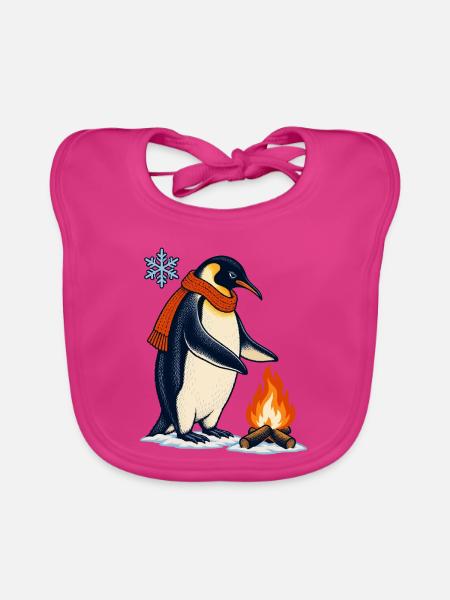 Pinguin mit Schal am Lagerfeuer - Baby Bio-Lätzchen - Fuchsia - Vorne