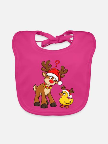 Rentier mit Ente Weihnachtsente Badeente - Baby Bio-Lätzchen - Fuchsia - Vorne