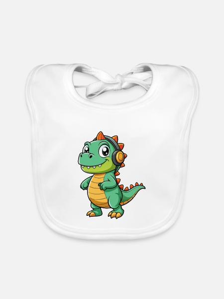 Dinosaurier Lustige Cartoon Figur Kopfhörer Musik - Baby Bio-Lätzchen - Weiß - Vorne