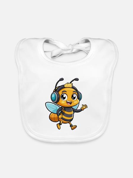 Biene Lustige Zeichentrickfigur Kopfhörer Musik - Baby Bio-Lätzchen - Weiß - Vorne
