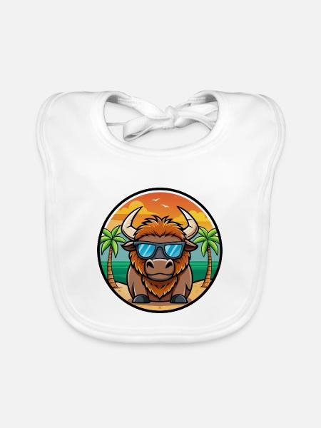 Bison Lustige Cartoon Sommer Strand Sonnenbrille Cool - Baby Bio-Lätzchen - Weiß - Vorne