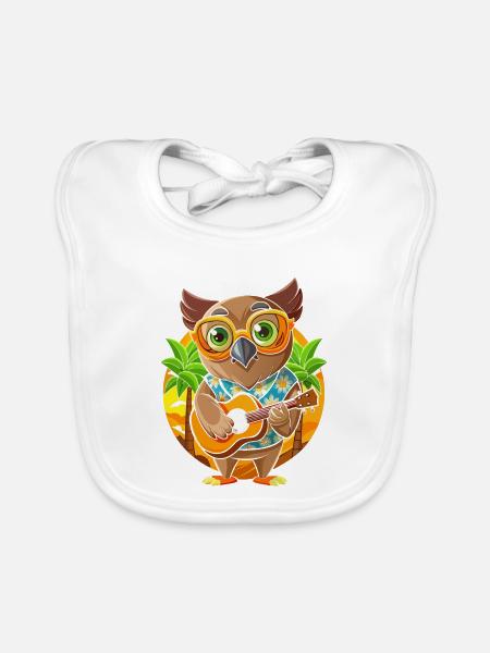 Lustige Eule Cartoon Sommer Strand Sonnenbrille Gitarre - Baby Bio-Lätzchen - Weiß - Vorne