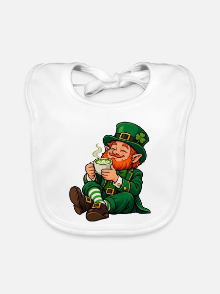 Leprechaun mit Matcha Latte – Irischer Glückszaube - Baby Bio-Lätzchen - Weiß - Vorne