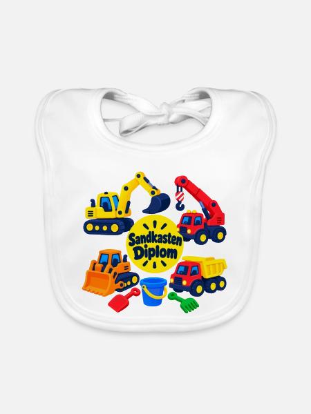 Sandkasten Diplom Baufahrzeuge - Baby Bio-Lätzchen - Weiß - Vorne