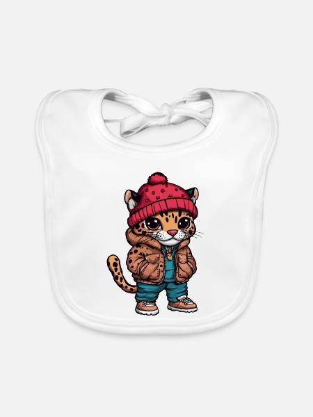 Leopard mit Winterjacke und Mütze - Baby Bio-Lätzchen - Weiß - Vorne