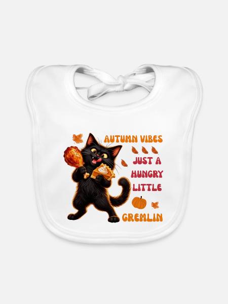 Herbststimmung: Hungriger schwarzer Katzen-Gremlin - Baby Bio-Lätzchen - Weiß