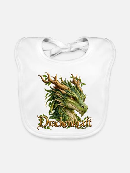 Drachenkraft – Grüner Naturdrache mit Geweih - Baby Bio-Lätzchen - Weiß - Vorne