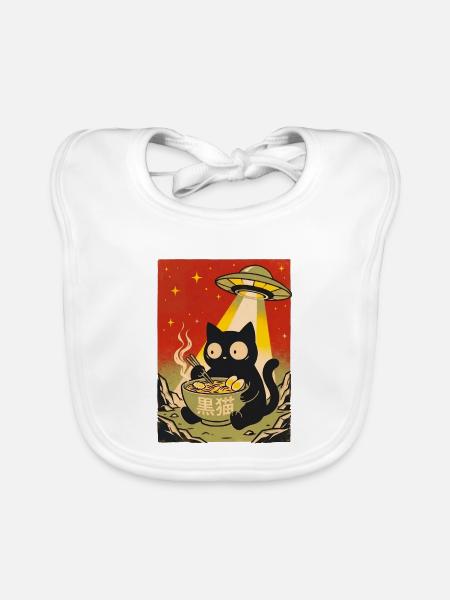 Schwarze Katze Ramen UFO Retro - Baby Bio-Lätzchen - Weiß - Vorne