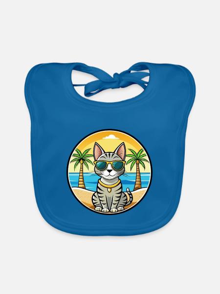 Egyptian Mau Cat Breed Cartoon Sunglasses Beach - Organic Baby Bibs - peacock-blue - Front