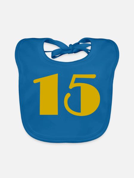15. 15 JAHRE. 15-JÄHRIGES JUBILÄUM. 15-JÄHRIGES JUBILÄUM. - Baby Bio-Lätzchen - Pfauenblau - Vorne