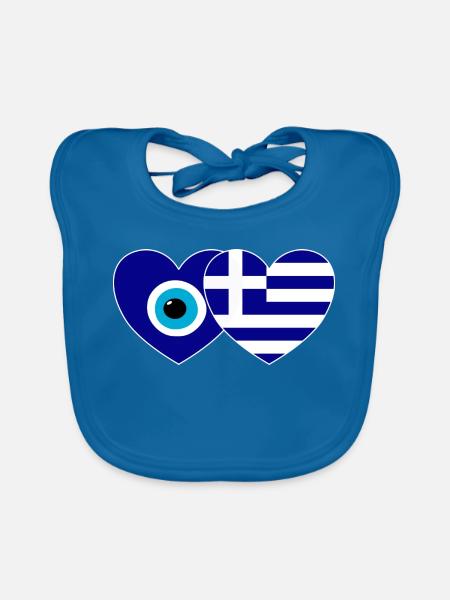 Greece Flag Lucky Charm Nazar Pearl - Organic Baby Bibs - peacock-blue - Front