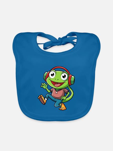 Frosch Lustige Cartoon Figur Kopfhörer Musik - Baby Bio-Lätzchen - Pfauenblau - Vorne