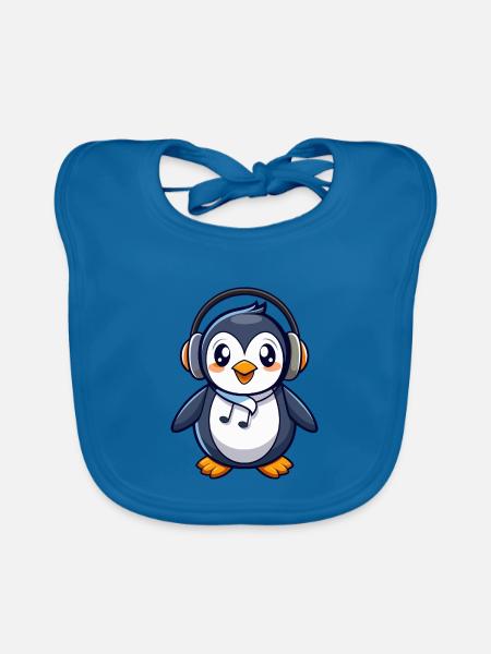 Pinguin Lustige Zeichentrickfigur Kopfhörermusik - Baby Bio-Lätzchen - Pfauenblau - Vorne