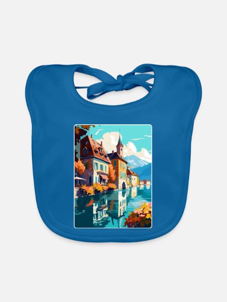 Annecy Frankreich Vintage Reiseposter WPA Souvenir - Baby Bio-Lätzchen - Pfauenblau - Vorne