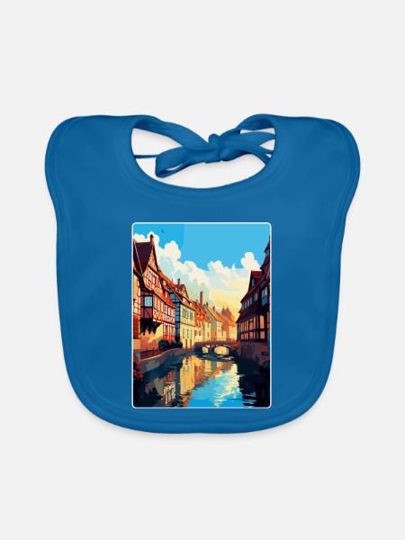 Colmar France Affiche de voyage vintage WPA Souvenir - Bavoir bio Bébé - bleu paon - Devant