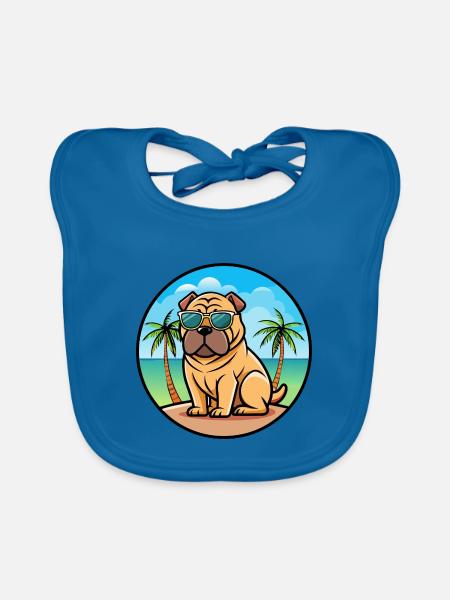 Chinesischer Shar Pei Hund Rasse Cartoon Sonnenbrille Strand - Baby Bio-Lätzchen - Pfauenblau - Vorne