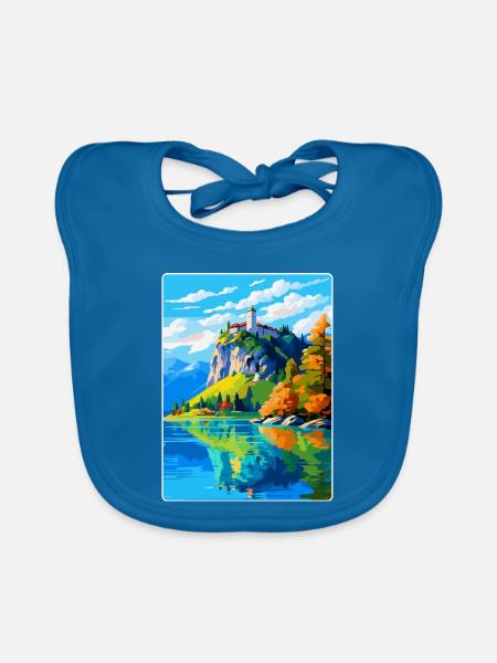 Château de Bled, Slovénie, Affiche de voyage vintage, WPA, Art - Bavoir bio Bébé - bleu paon - Devant