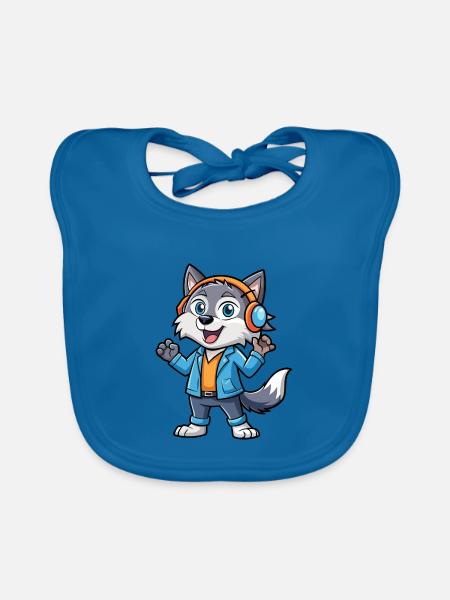 Wolf Lustige Zeichentrickfigur Kopfhörer Musik - Baby Bio-Lätzchen - Pfauenblau - Vorne